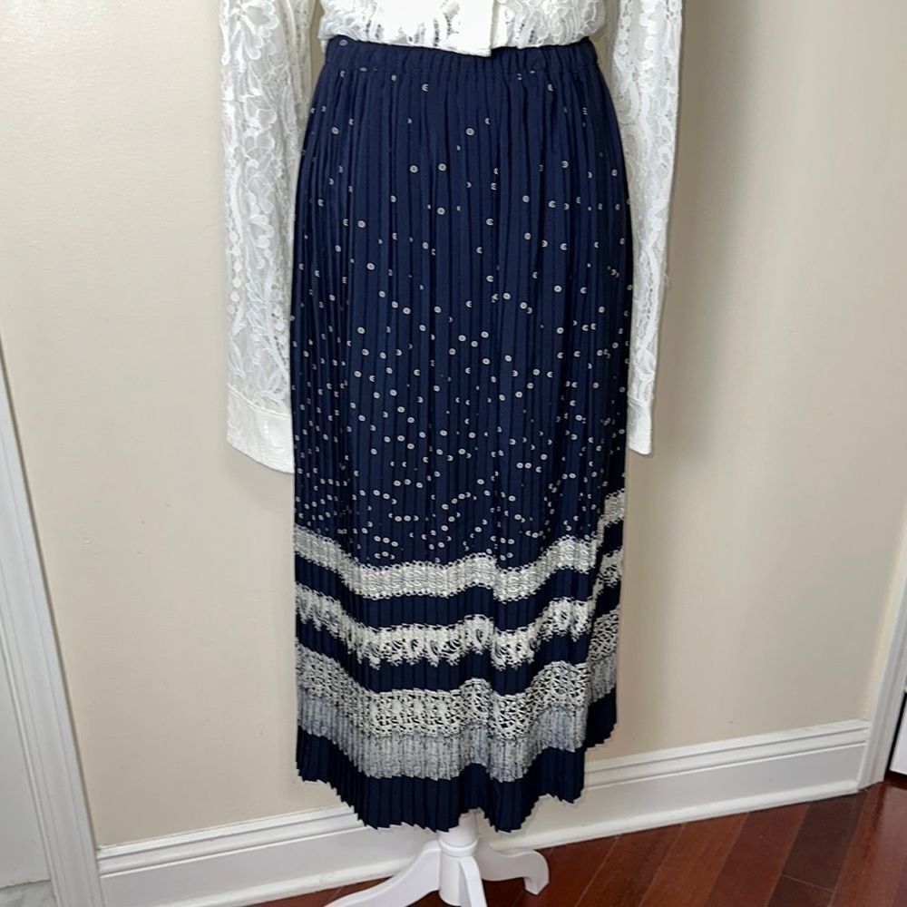 Vintage M Navy White Micro Pleated Maxi Skirt